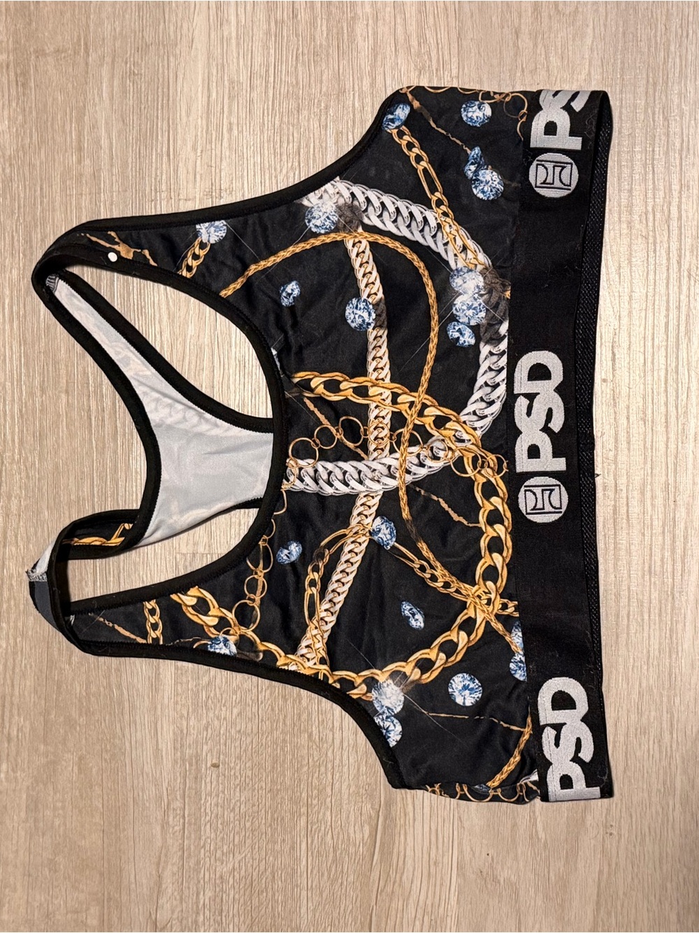 PSD Black Sports Bra with Gold Chain and Jewel Motif